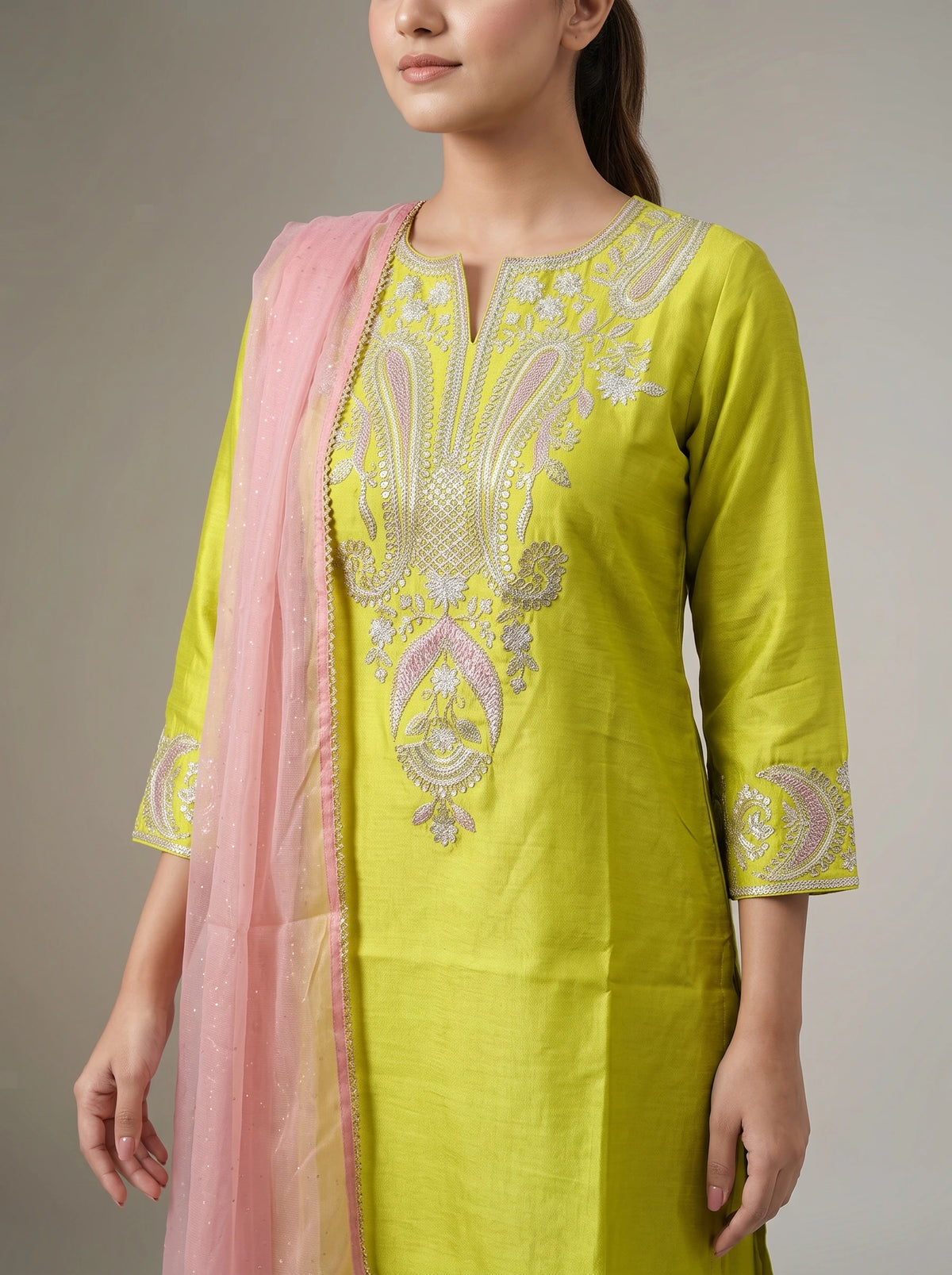Lime Green Embroidered Straight Ethnic Suit Set