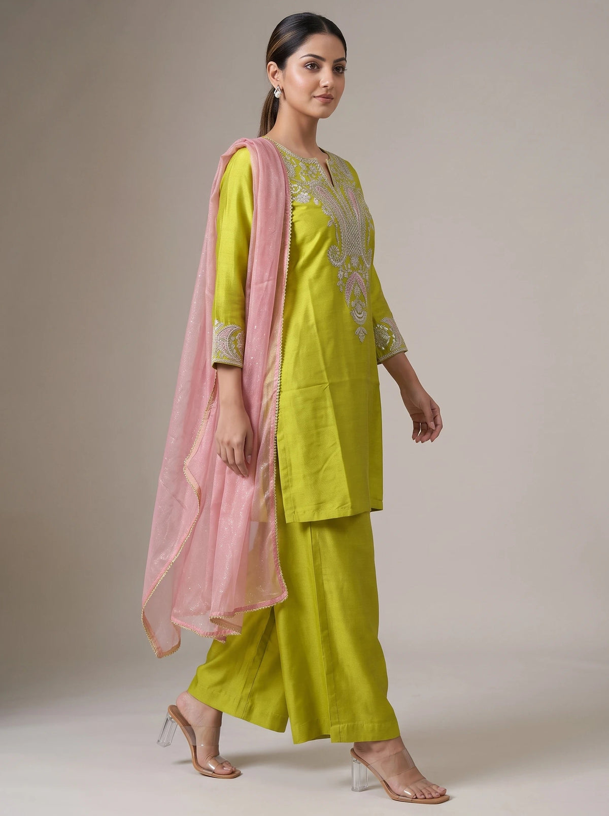 Lime Green Embroidered Straight Ethnic Suit Set