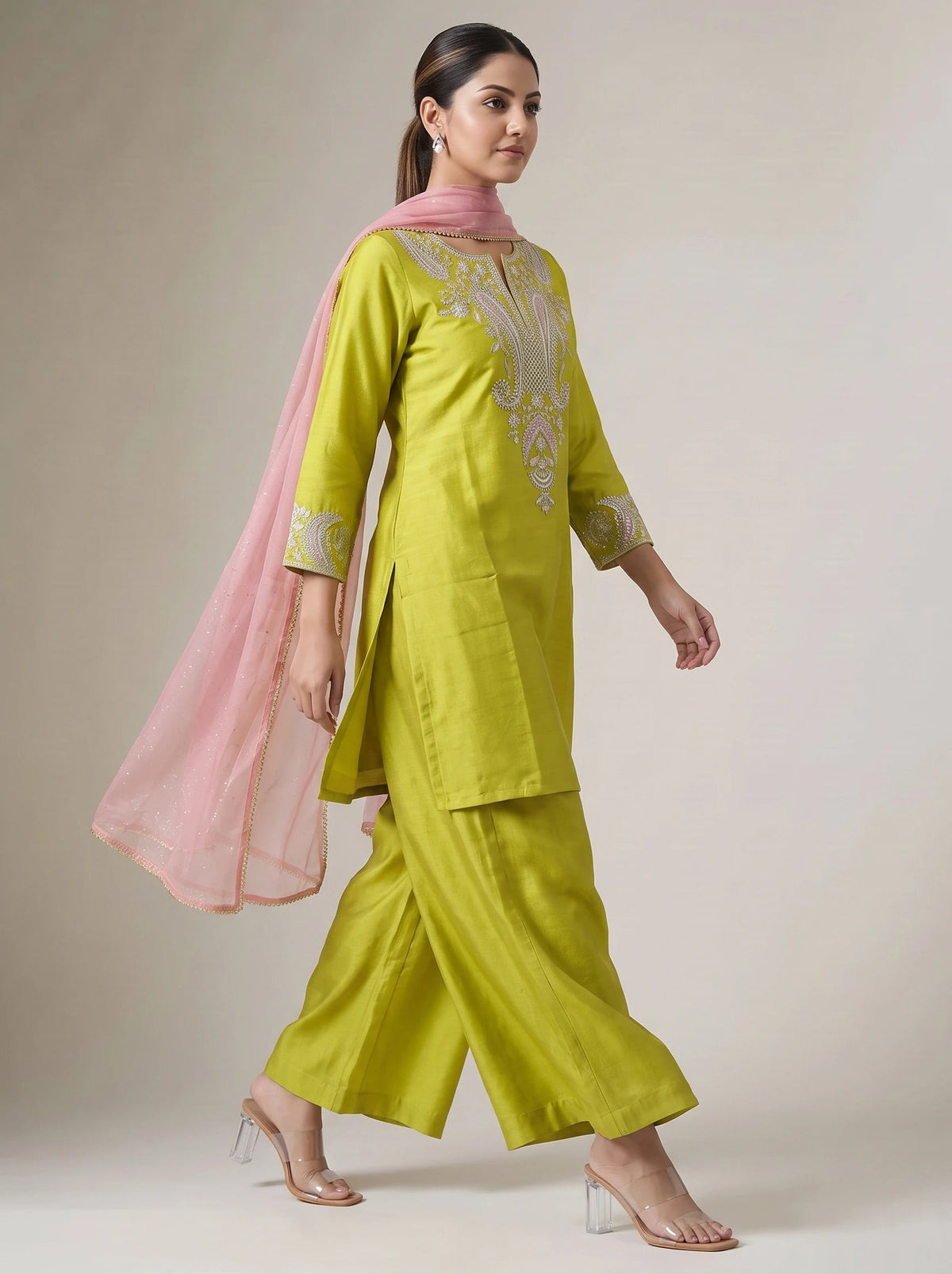 Lime Green Embroidered Straight Ethnic Suit Set