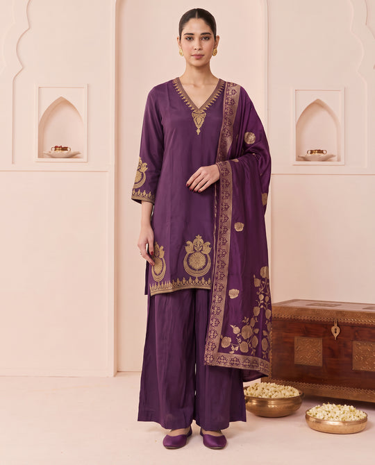 Purple Floral Embroidery Ethnic Set with Gold Printed Dupatta