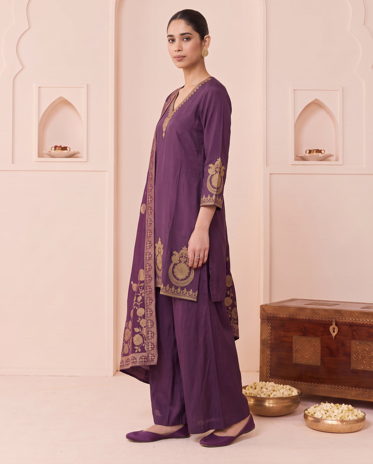 Purple Floral Embroidery Ethnic Set with Gold Printed Dupatta