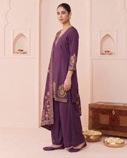 Purple Floral Embroidery Ethnic Set with Gold Printed Dupatta