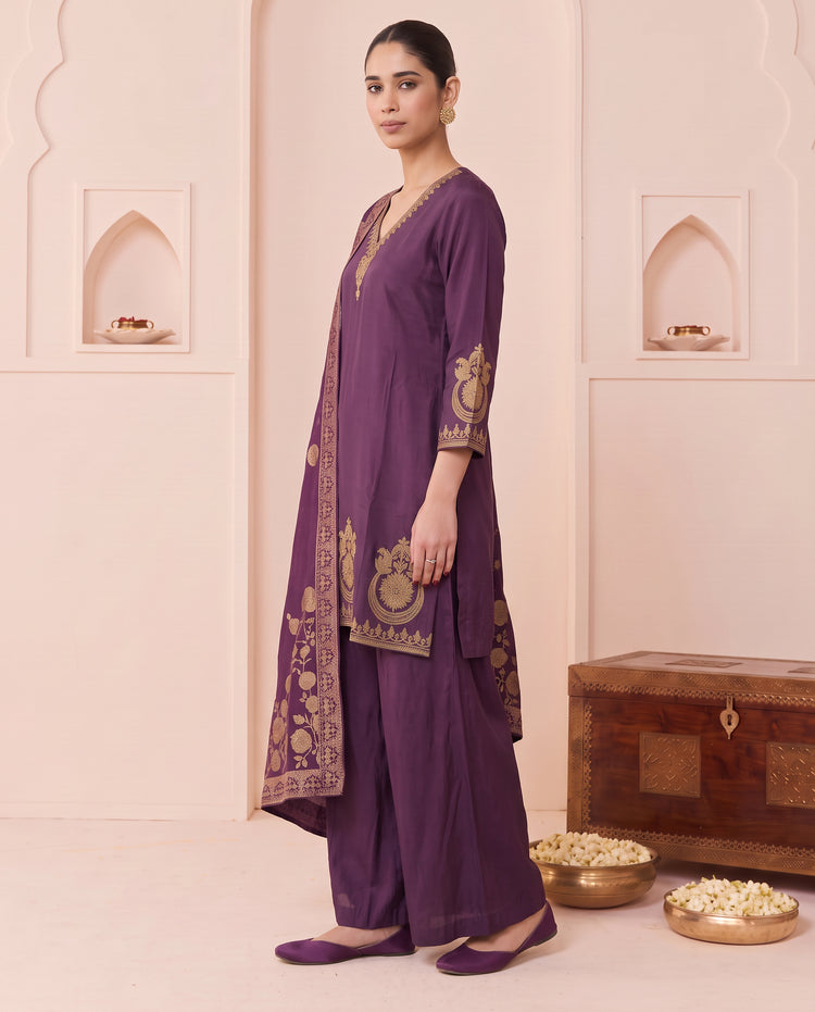 Purple Floral Embroidery Ethnic Set with Gold Printed Dupatta