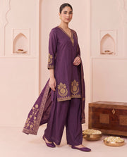 Purple Floral Embroidery Ethnic Set with Gold Printed Dupatta