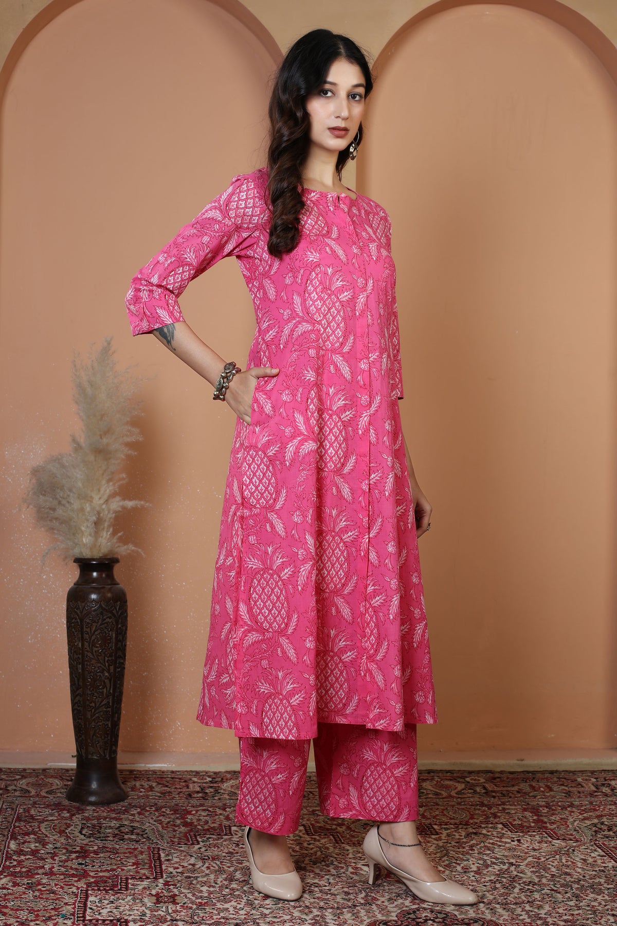 Rani Pink Floral Printed Cotton Co-Ord Set for Women
