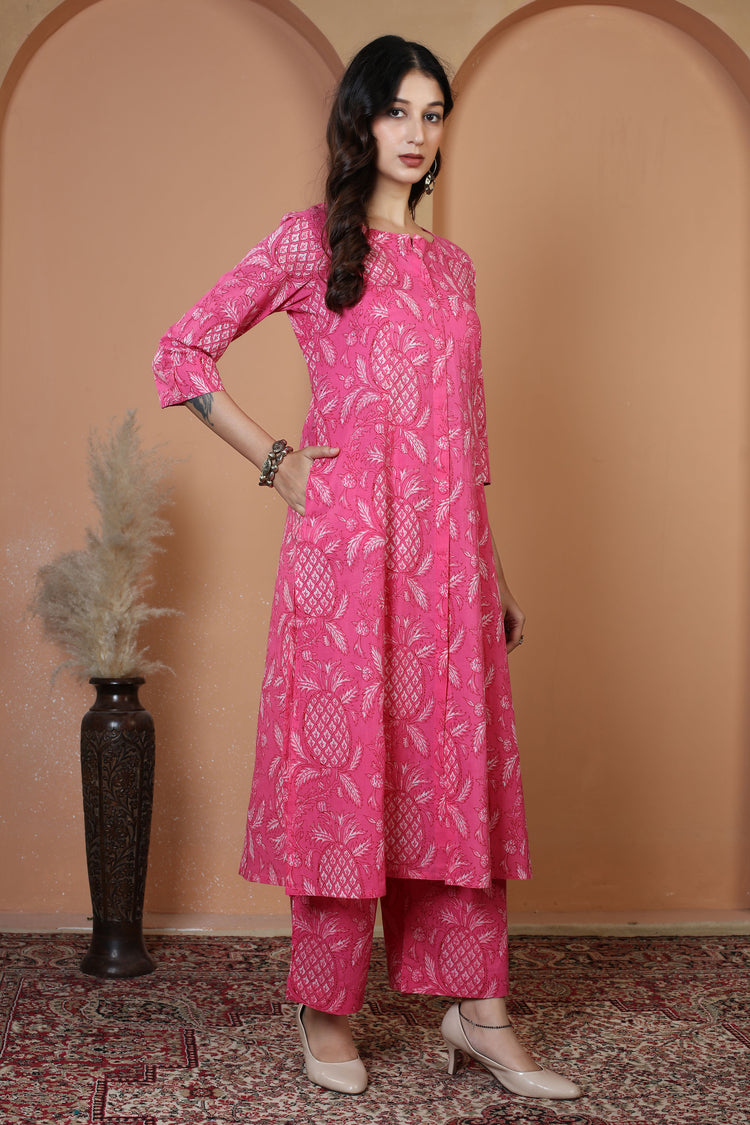 Rani Pink Floral Printed Cotton Co-Ord Set for Women