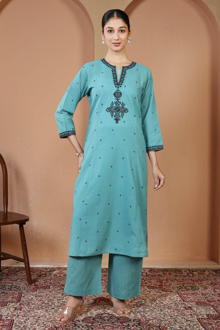 Sky Blue Pure Cotton Embroidered Co-Ord Set