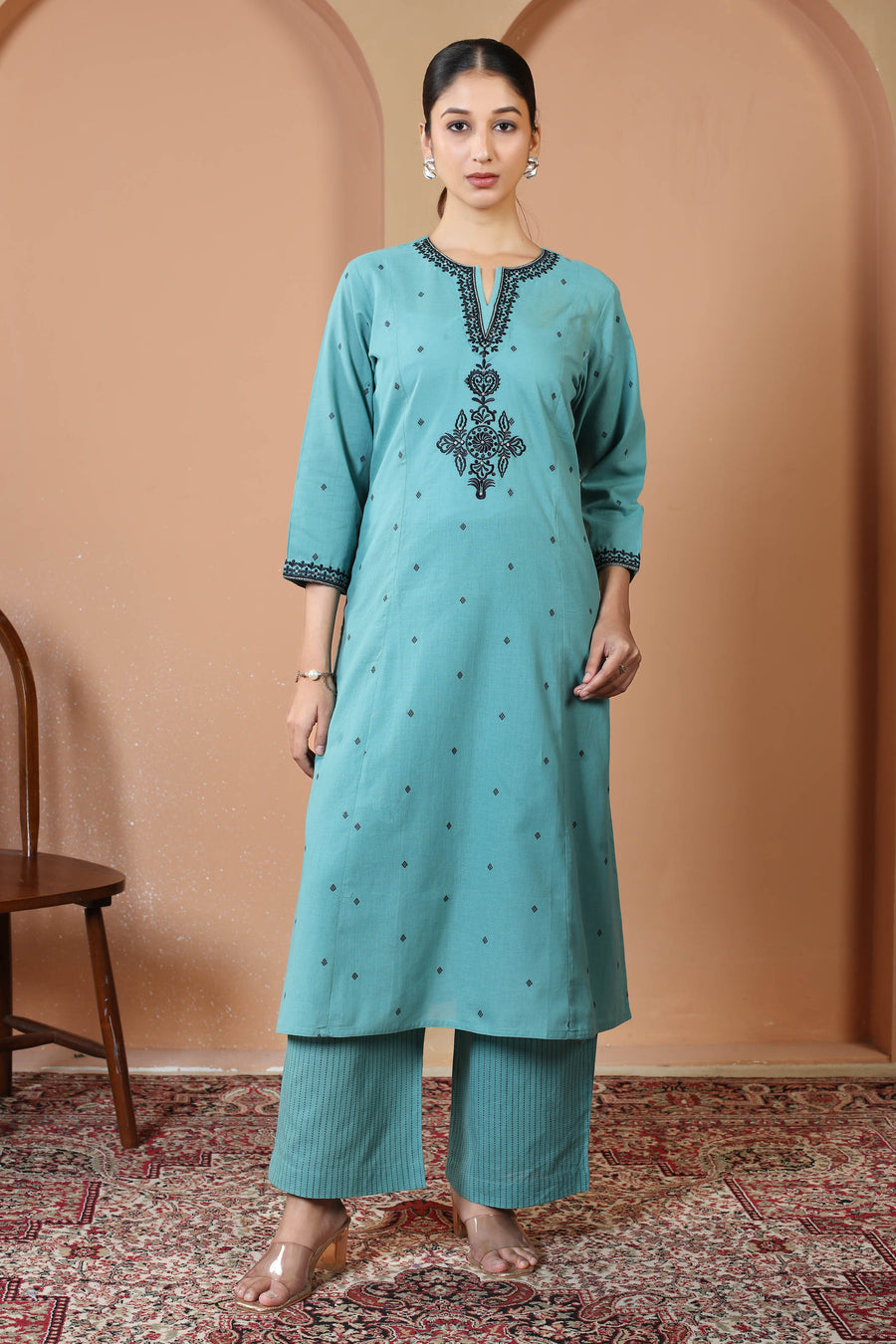Sky Blue Pure Cotton Embroidered Co-Ord Set