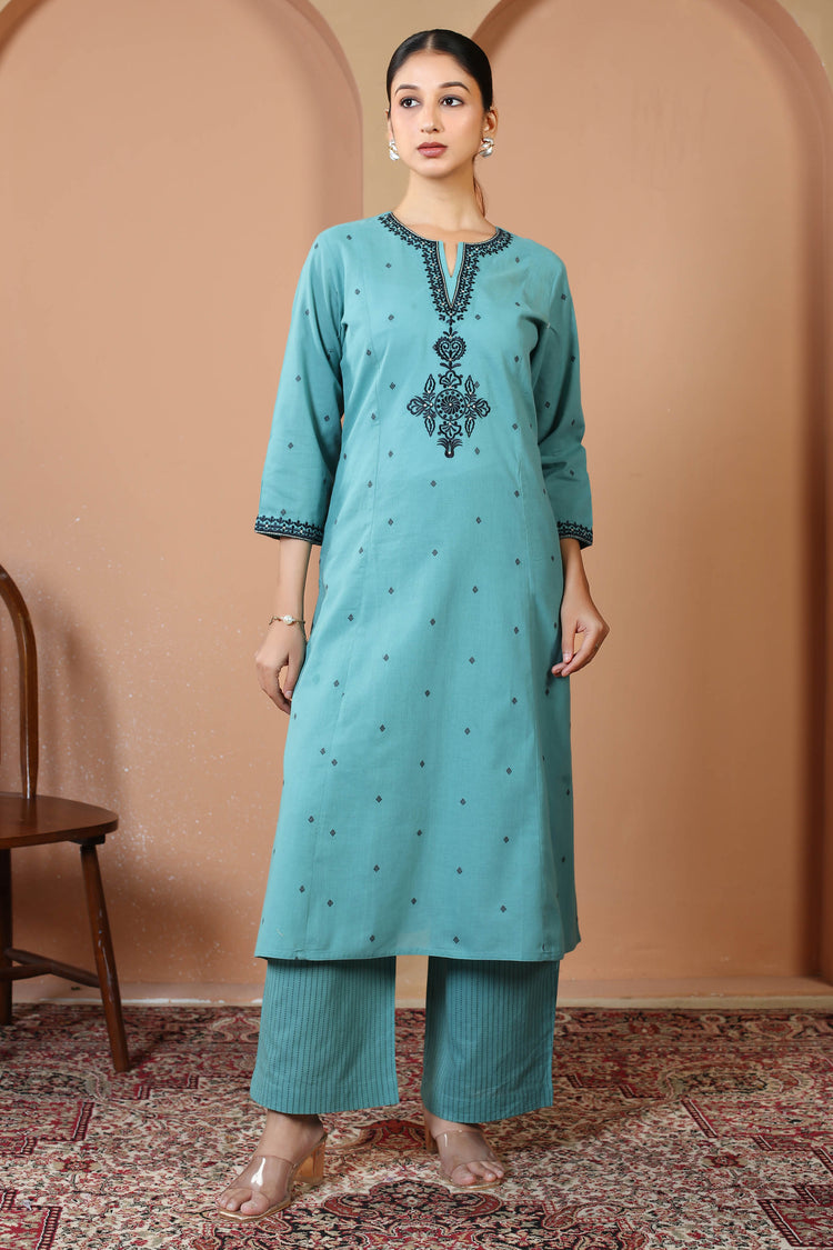 Sky Blue Pure Cotton Embroidered Co-Ord Set