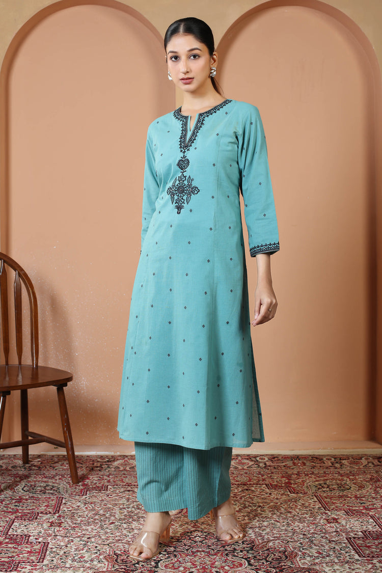Sky Blue Pure Cotton Embroidered Co-Ord Set