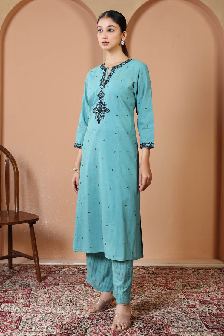 Sky Blue Pure Cotton Embroidered Co-Ord Set