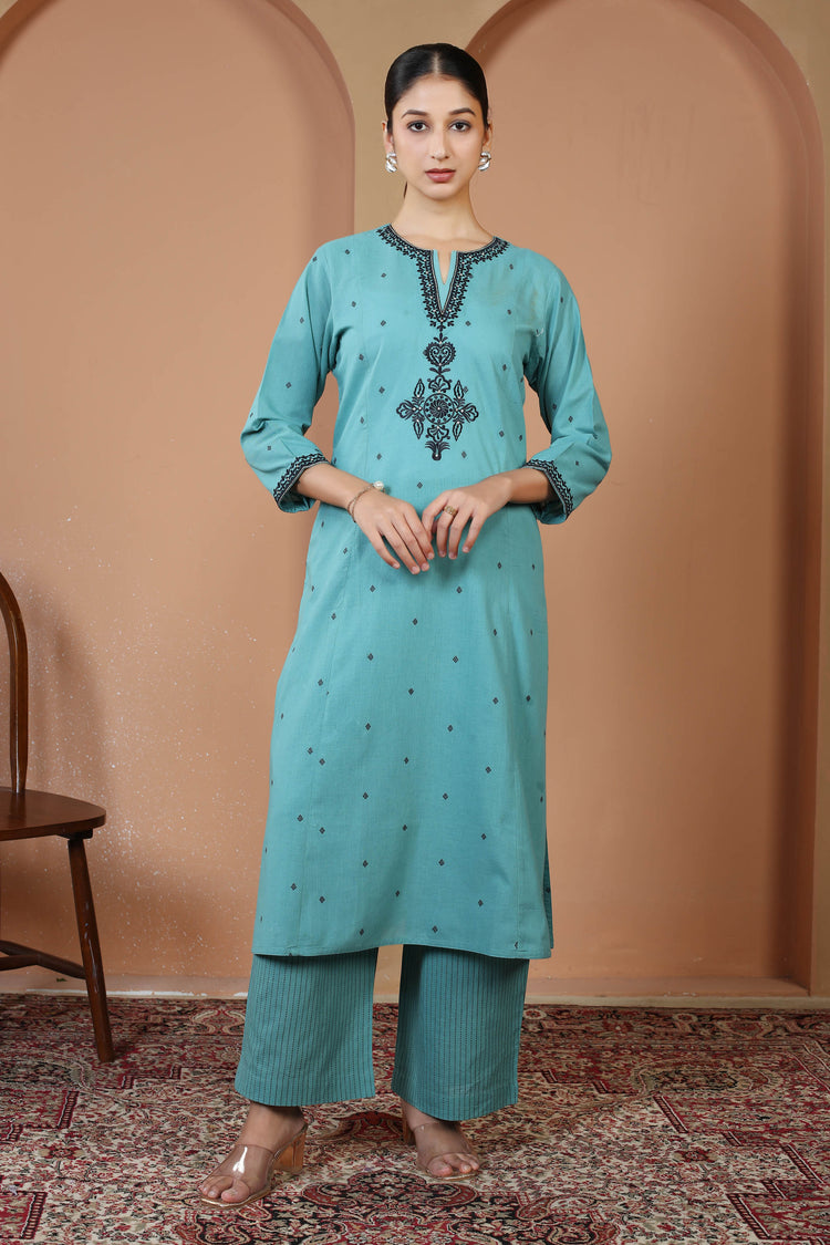 Sky Blue Pure Cotton Embroidered Co-Ord Set