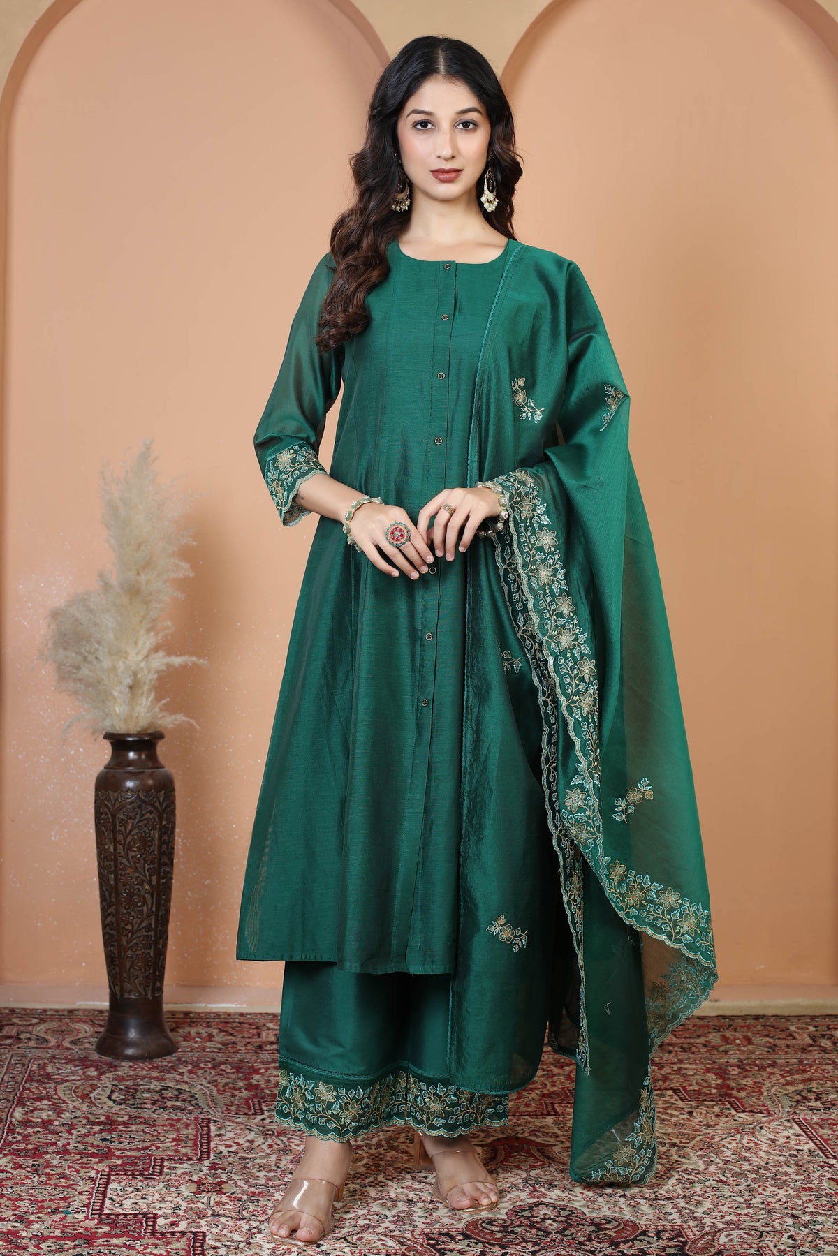 Bottle Green Embroidered Ethnic Kurta Set with Dupatta