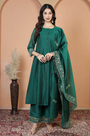 Bottle Green Embroidered Ethnic Kurta Set with Dupatta