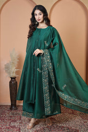 Bottle Green Embroidered Ethnic Kurta Set with Dupatta