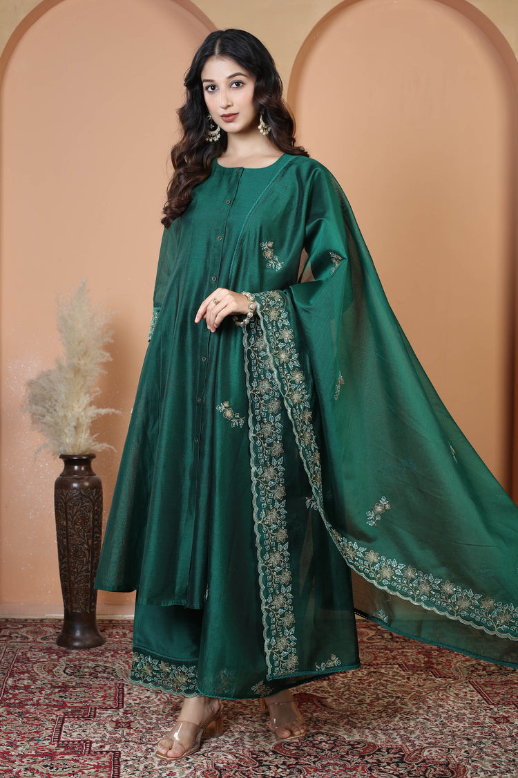 Bottle Green Embroidered Ethnic Kurta Set with Dupatta