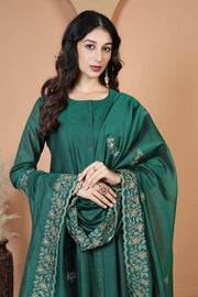 Bottle Green Embroidered Ethnic Kurta Set with Dupatta