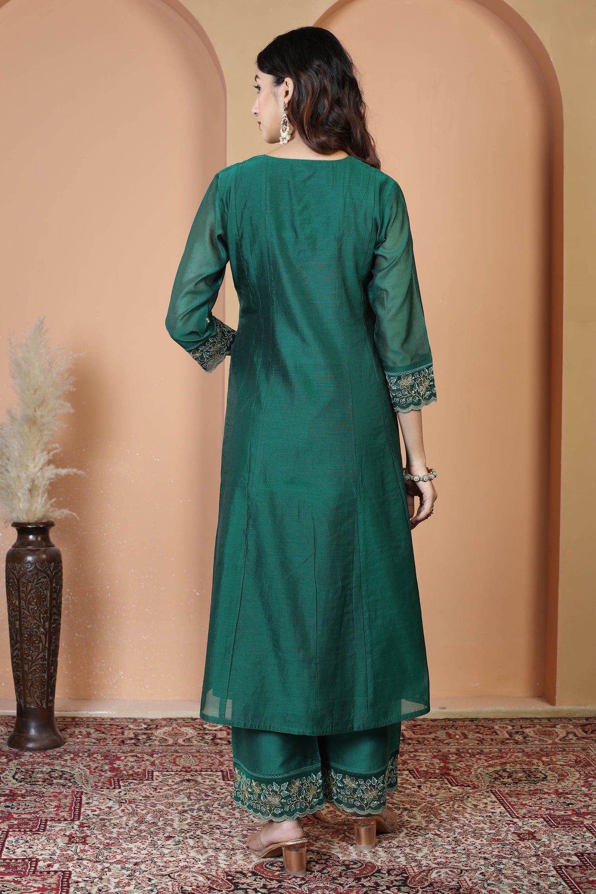 Bottle Green Embroidered Ethnic Kurta Set with Dupatta