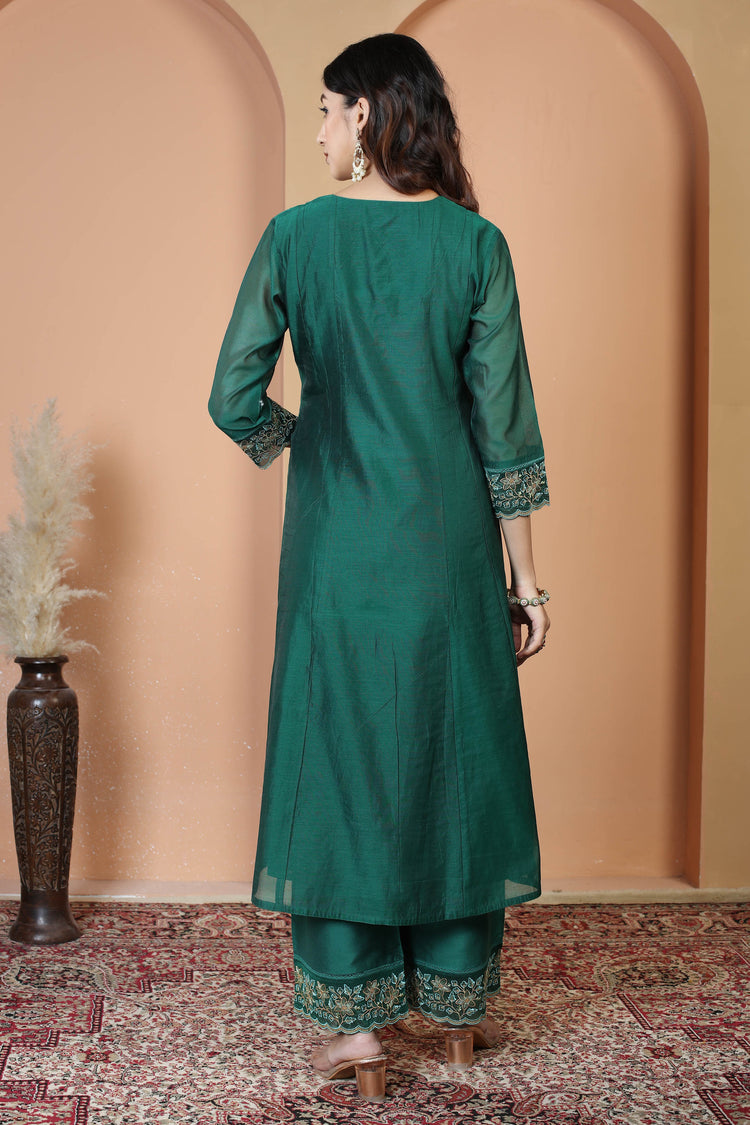 Bottle Green Embroidered Ethnic Kurta Set with Dupatta