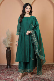 Bottle Green Embroidered Ethnic Kurta Set with Dupatta