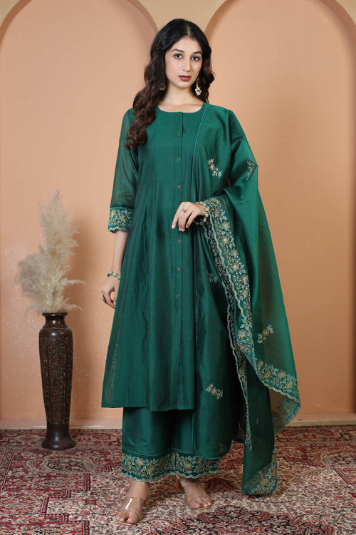 Bottle Green Embroidered Ethnic Kurta Set with Dupatta