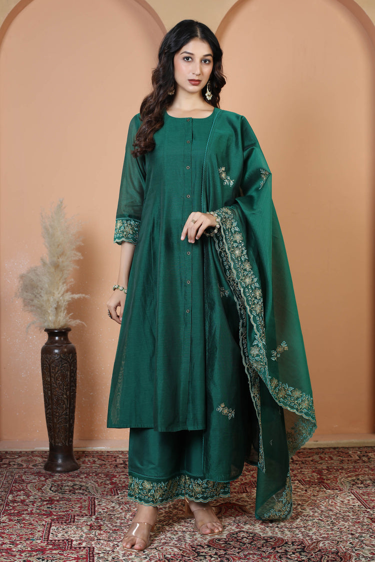 Bottle Green Embroidered Ethnic Kurta Set with Dupatta