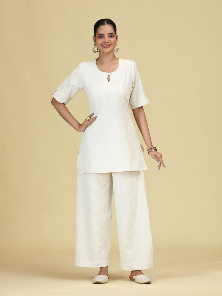 Off White Diamond Pintuck Pure Cotton Kurta