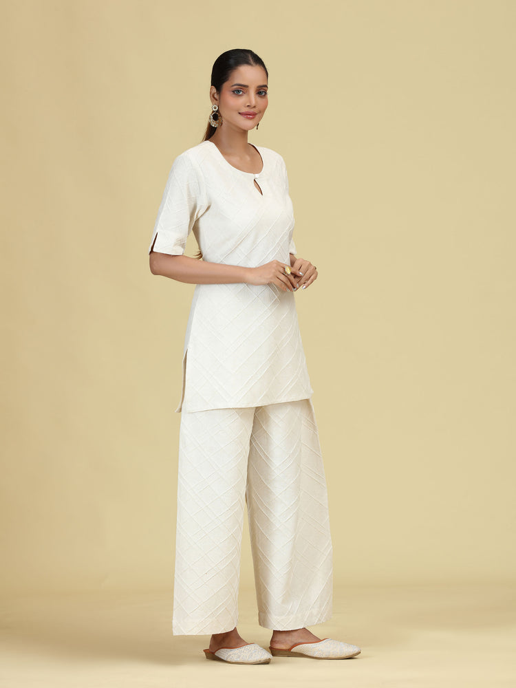 Off White Diamond Pintuck Pure Cotton Kurta