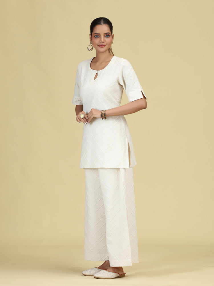 Off White Diamond Pintuck Pure Cotton Kurta