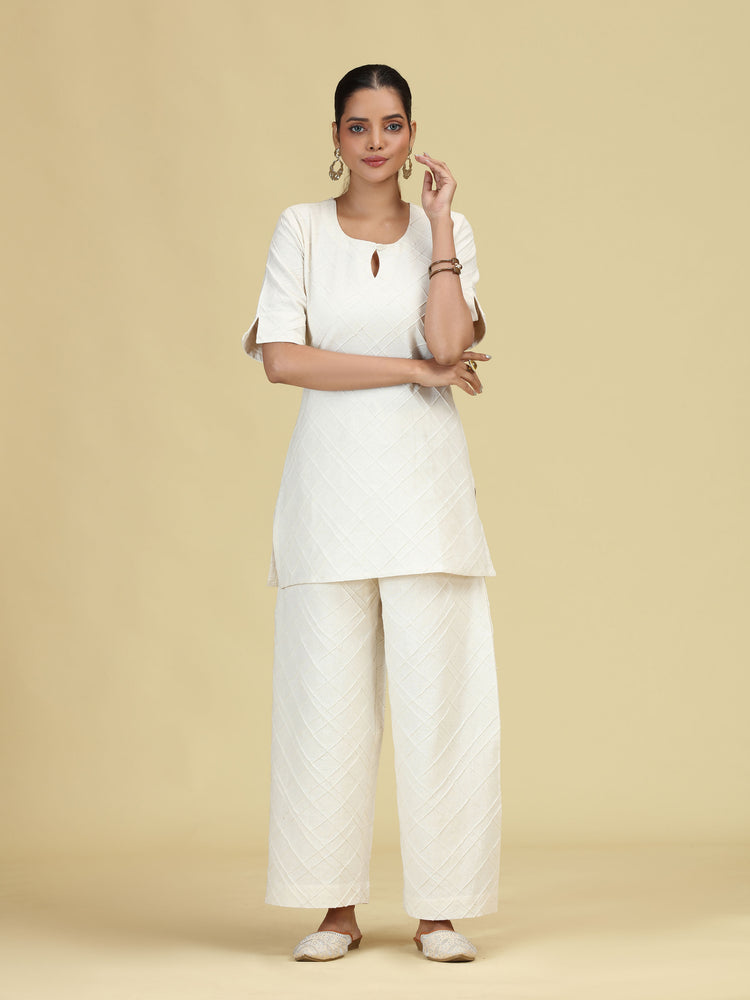 Off White Diamond Pintuck Pure Cotton Kurta