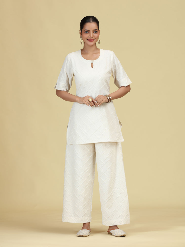 Off White Diamond Pintuck Pure Cotton Kurta