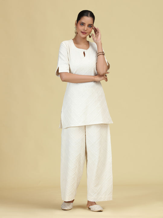 Off White Diamond Pintuck Pure Cotton Kurta