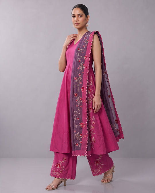 Magenta Floral Embroidery Ethnic Suit Set