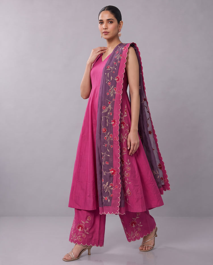 Magenta Floral Embroidery Ethnic Suit Set