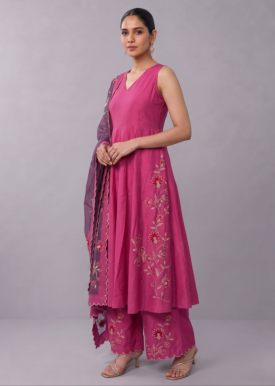 Magenta Floral Embroidery Ethnic Suit Set