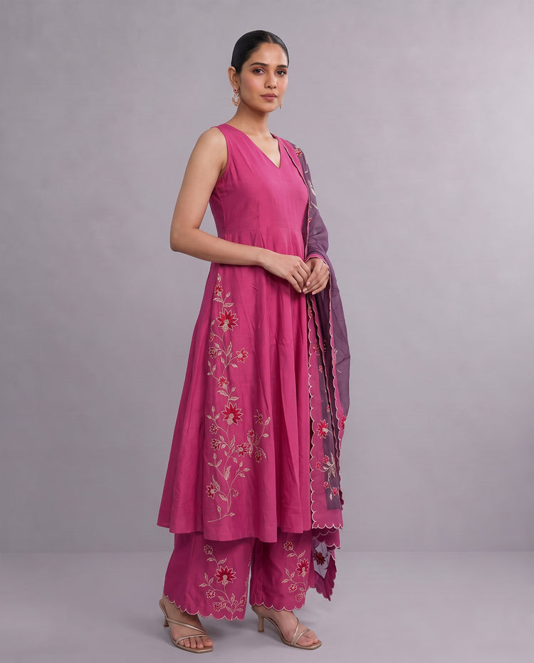 Magenta Floral Embroidery Ethnic Suit Set