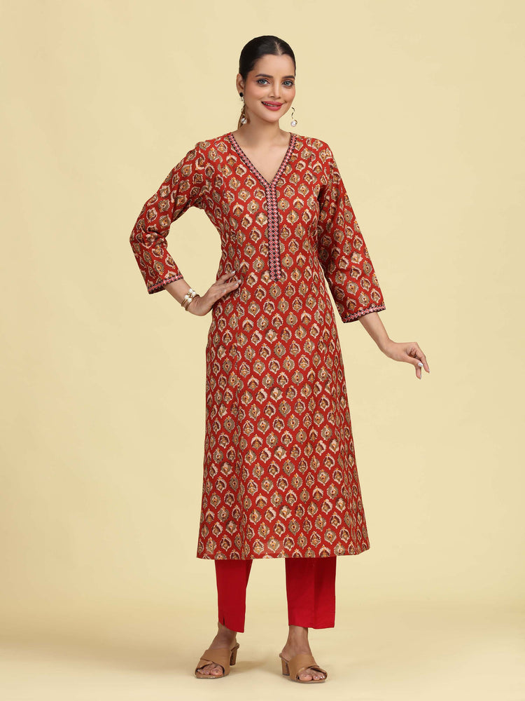 Rust A-Line Geometric Printed Cotton Kurta with Embroidered V-Neck
