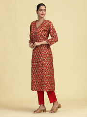 Rust A-Line Geometric Printed Cotton Kurta with Embroidered V-Neck