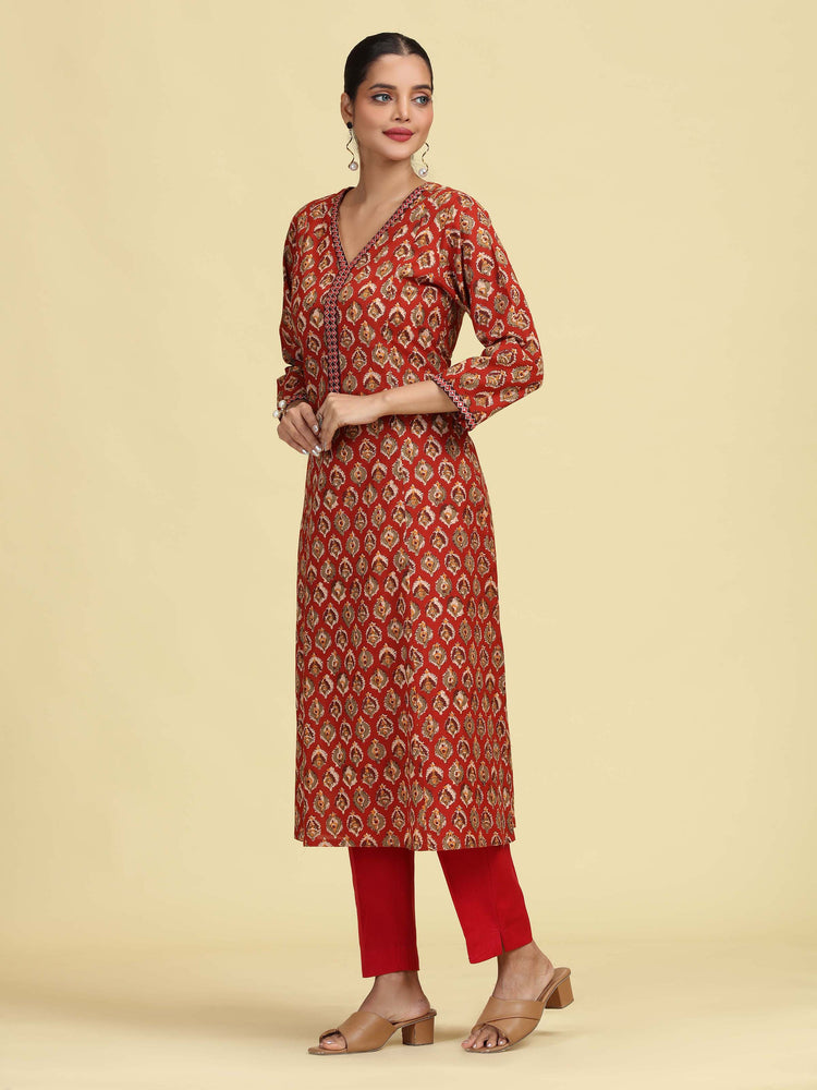 Rust A-Line Geometric Printed Cotton Kurta with Embroidered V-Neck