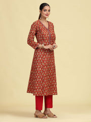 Rust A-Line Geometric Printed Cotton Kurta with Embroidered V-Neck