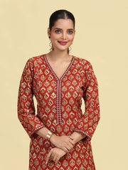 Rust A-Line Geometric Printed Cotton Kurta with Embroidered V-Neck