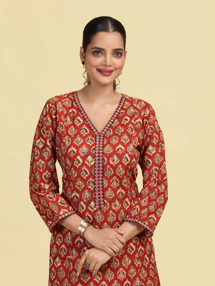 Rust A-Line Geometric Printed Cotton Kurta with Embroidered V-Neck