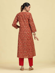 Rust A-Line Geometric Printed Cotton Kurta with Embroidered V-Neck