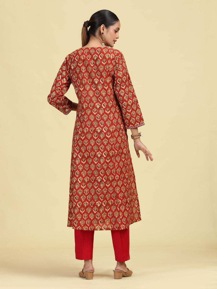 Rust A-Line Geometric Printed Cotton Kurta with Embroidered V-Neck