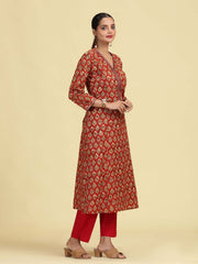 Rust A-Line Geometric Printed Cotton Kurta with Embroidered V-Neck