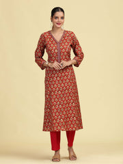 Rust A-Line Geometric Printed Cotton Kurta with Embroidered V-Neck