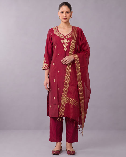 Maroon Floral Embroidery Ethnic Set with Gold Border Dupatta