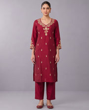 Maroon Floral Embroidery Ethnic Set with Gold Border Dupatta