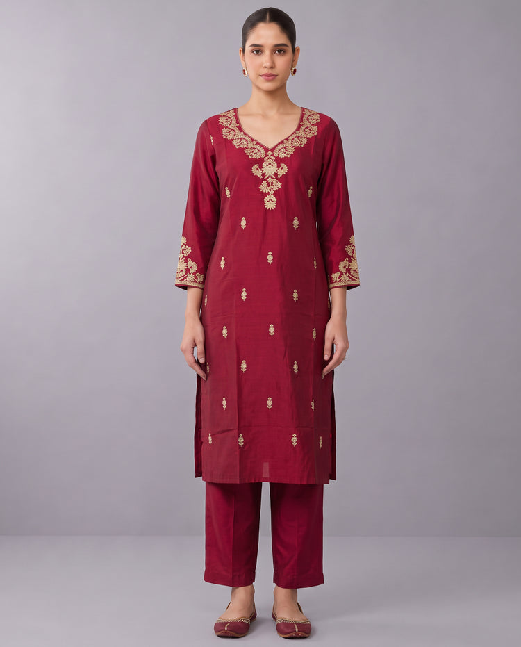 Maroon Floral Embroidery Ethnic Set with Gold Border Dupatta