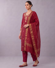 Maroon Floral Embroidery Ethnic Set with Gold Border Dupatta